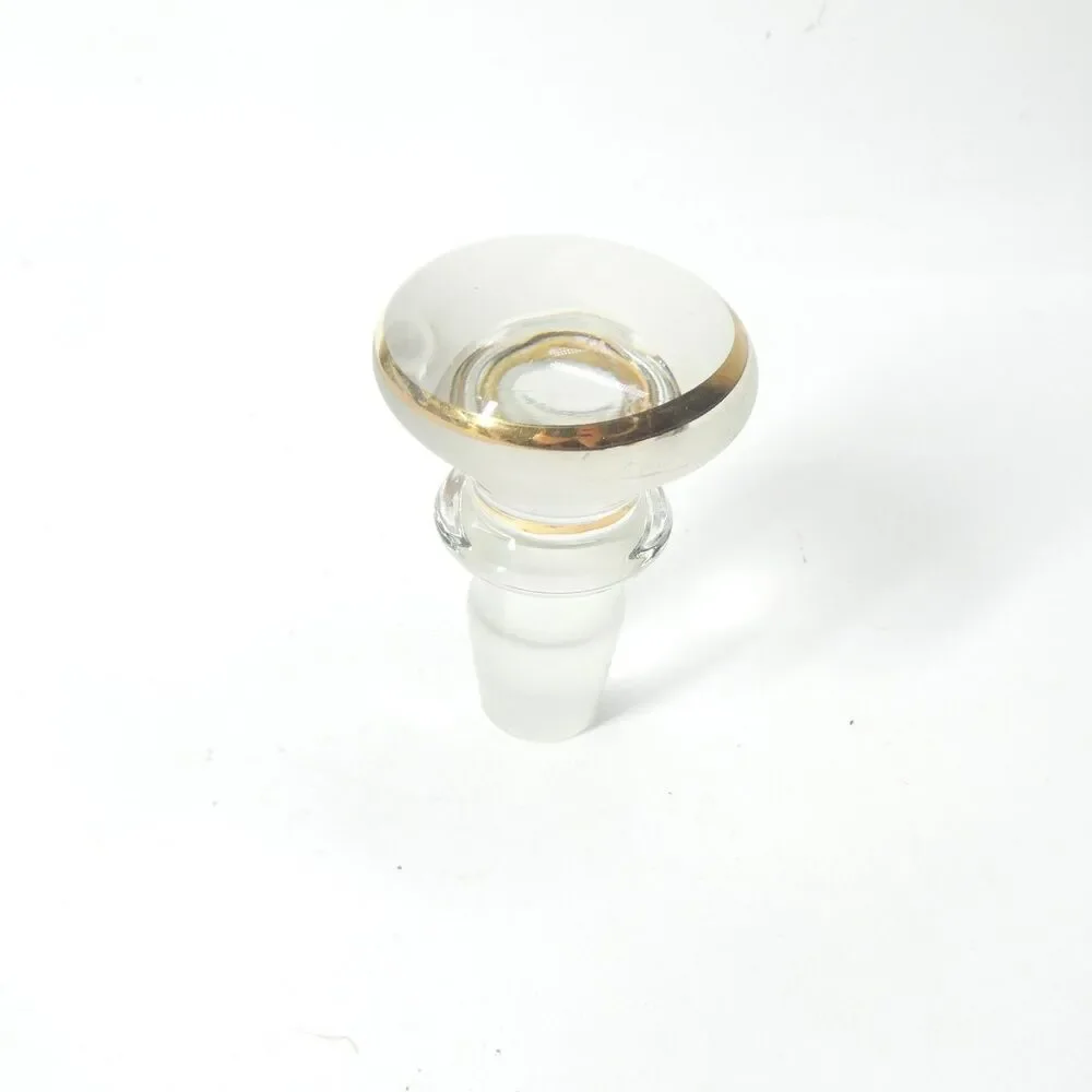 Vintage Glass Mushroom Knob Stopper Clear w/ Gold Band Bottle Decanter